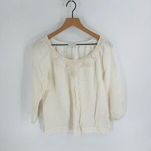 Charter Club 100% Linen Peasant Blouse White Crochet Lace Neck Size 4 Coastal
